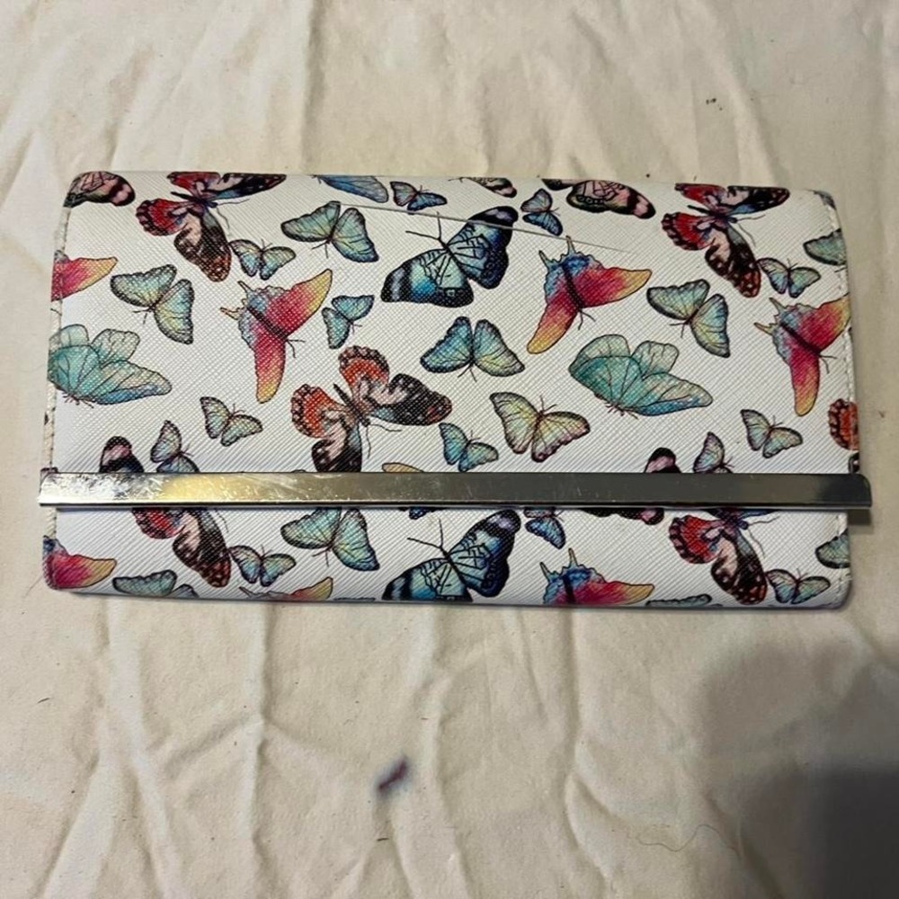 Butterfly Print Trifold Wallet White Multi Color Faux‎ Leather Silver Bar Clutch